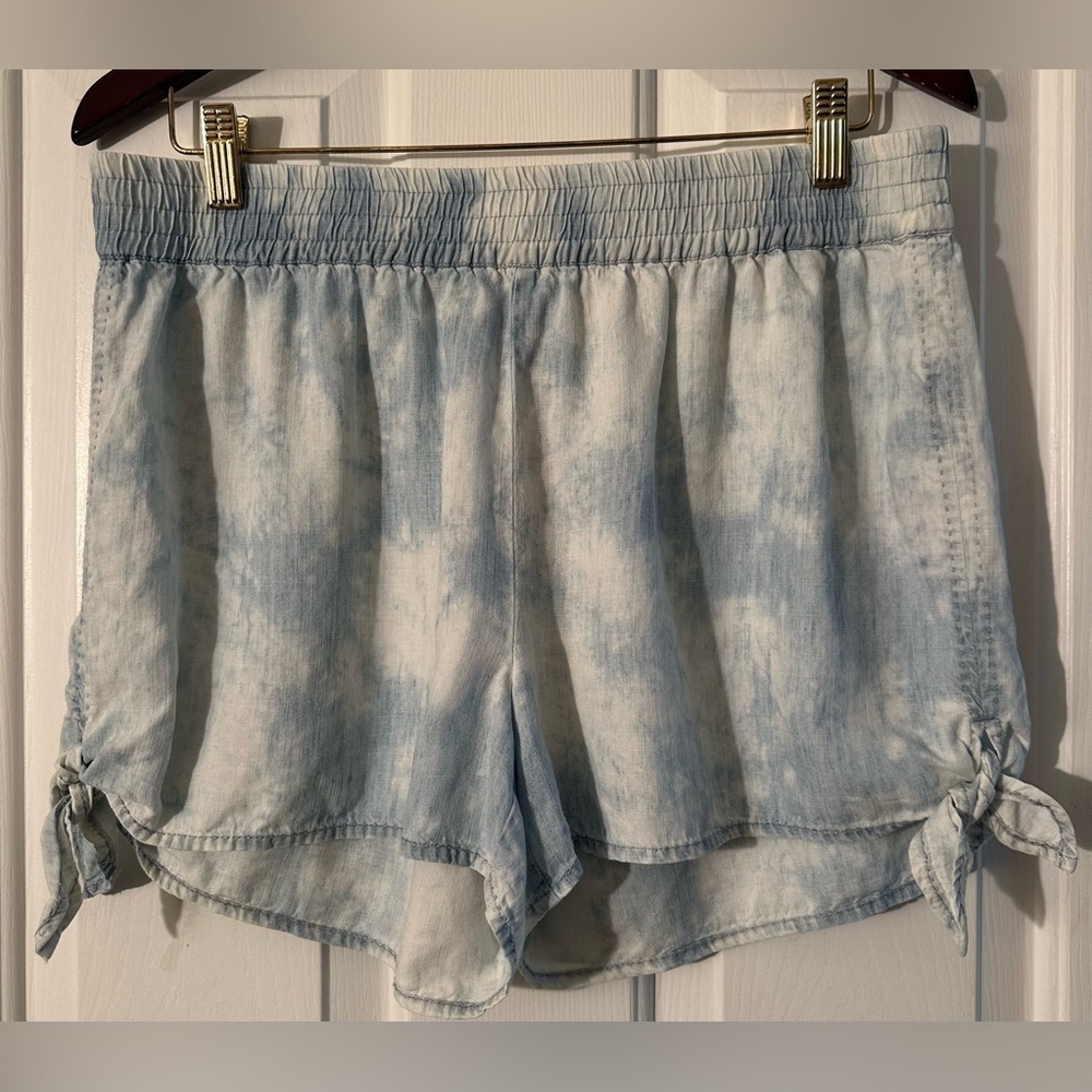MICHAEL STARS Large Side Tie Shorts Linen Denim Tencel Cloud Wash Elastic $108